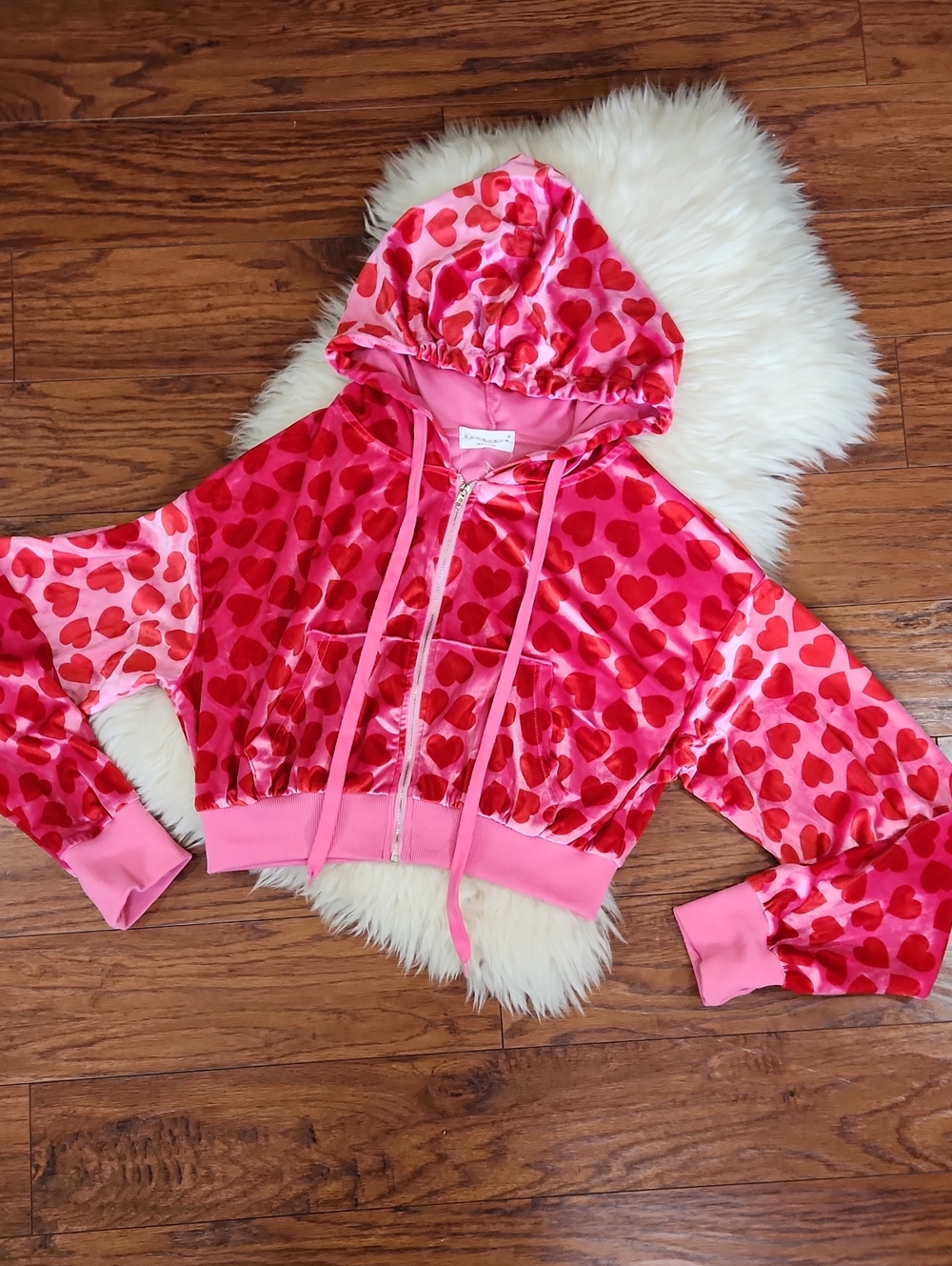 Pink Heart-Print Hooded Zip Crop Sweatshirt